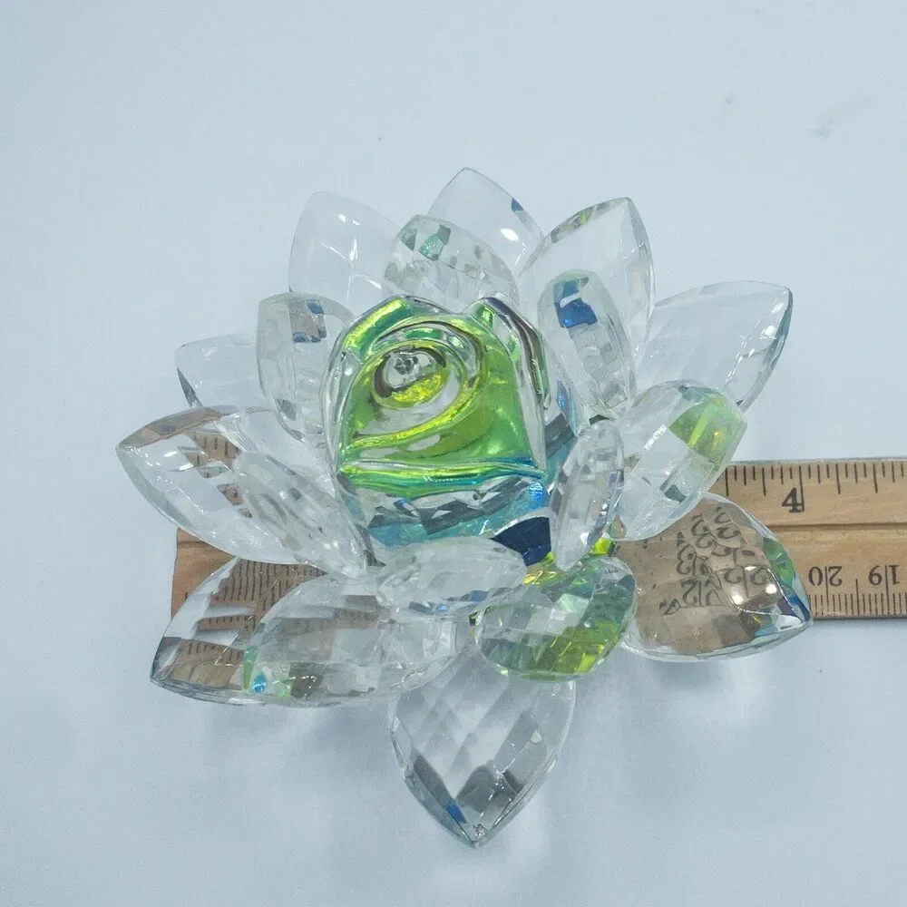 Crystal Lotus Flower Figurine Iridescent Glass Blue Green Decor